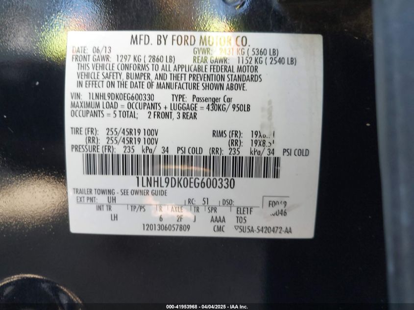 2014 Lincoln Mks VIN: 1LNHL9DK0EG600330 Lot: 41953968