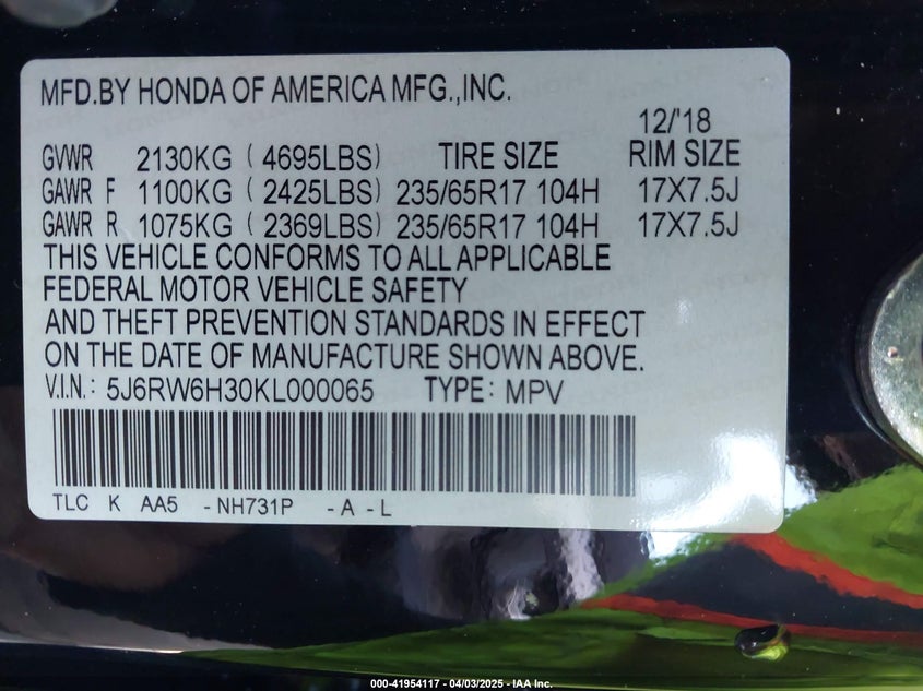 2019 HONDA CR-V LX - 5J6RW6H30KL000065
