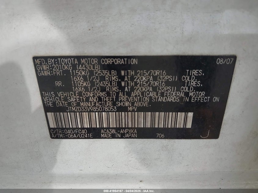 2008 TOYOTA RAV4 VIN: JTMZD33V985078053