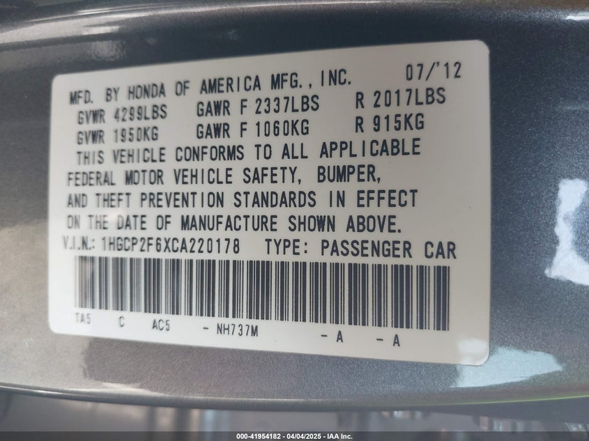 2012 HONDA ACCORD VIN: 1HGCP2F6XCA220178