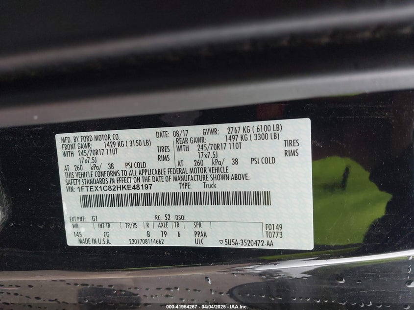 2017 FORD F-150 VIN: 1FTEX1C82HKE48197