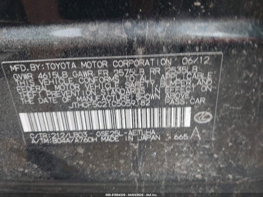2012 LEXUS IS VIN: JTHCF5C21C5059182