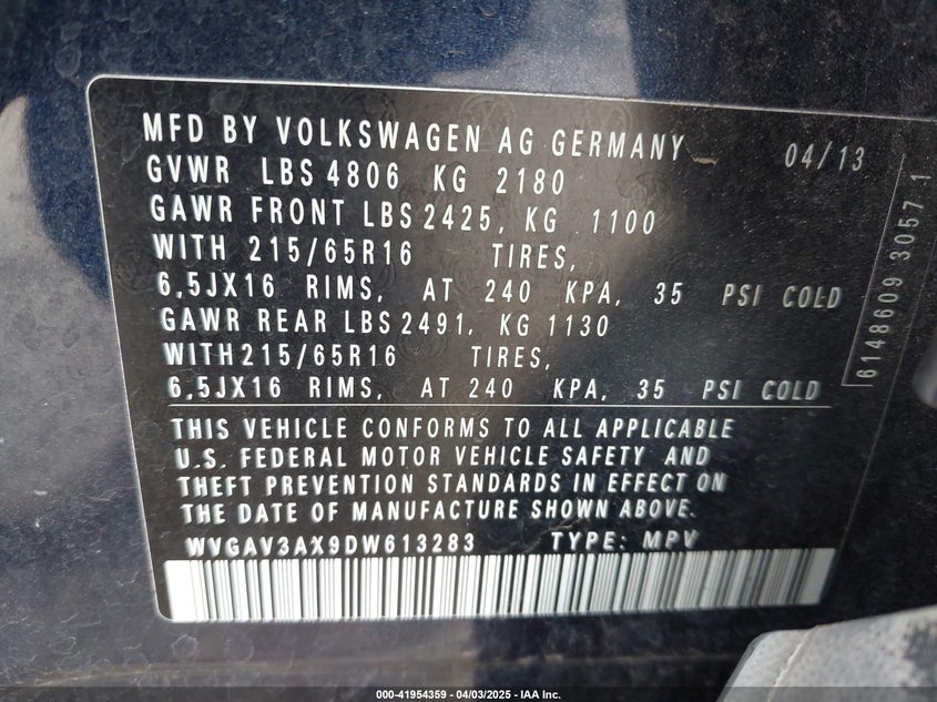 2013 VOLKSWAGEN TIGUAN S - WVGAV3AX9DW613283