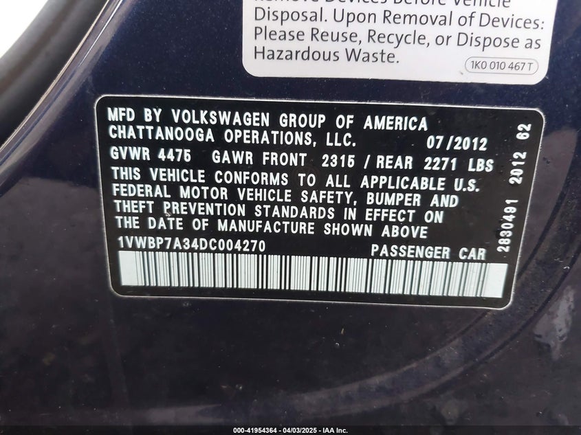 2013 VOLKSWAGEN PASSAT VIN: 1VWBP7A34DC004270