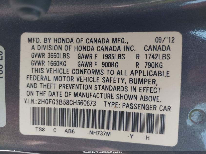 2012 HONDA CIVIC VIN: 2HGFG3B58CH560673