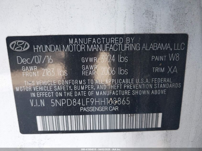 2017 Hyundai Elantra Value Edition VIN: 5NPD84LF9HH168865 Lot: 41954515