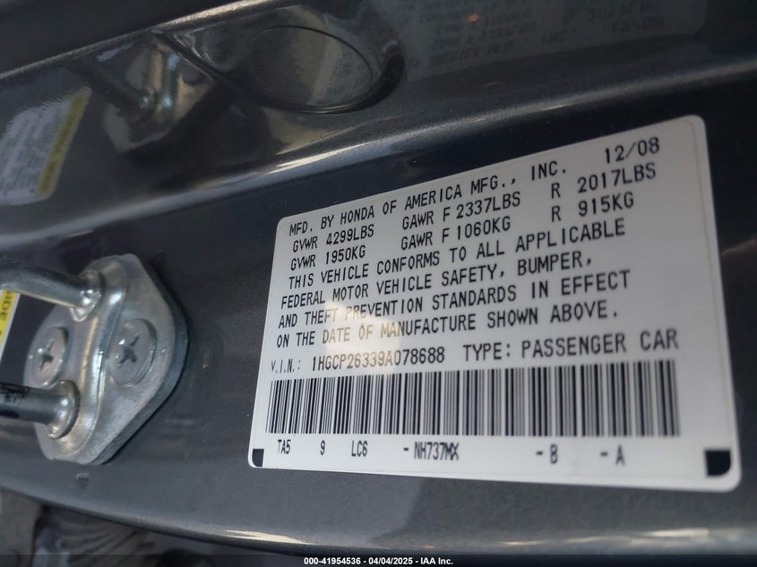 2009 HONDA ACCORD VIN: 1HGCP26339A078688
