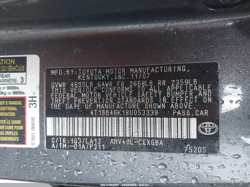 2008 TOYOTA CAMRY HYBRID VIN: 4T1BB46K18U053339