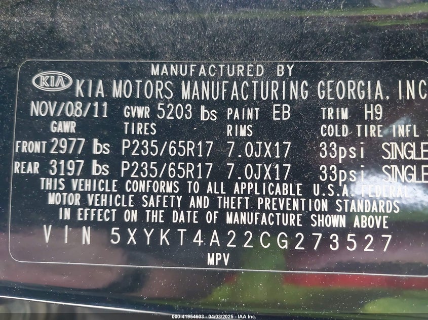 2012 KIA SORENTO VIN: 5XYKT4A22CG273527