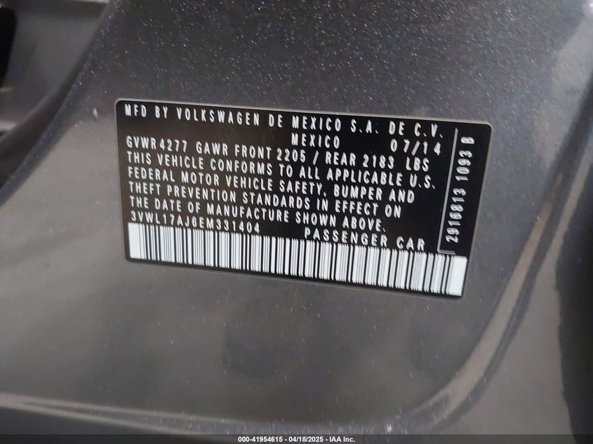 2014 VOLKSWAGEN JETTA VIN: 3VWL17AJ6EM331404