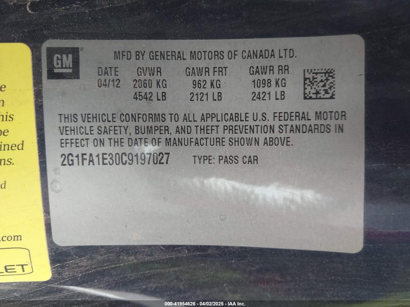 2012 CHEVROLET CAMARO VIN: 2G1FA1E30C9197027