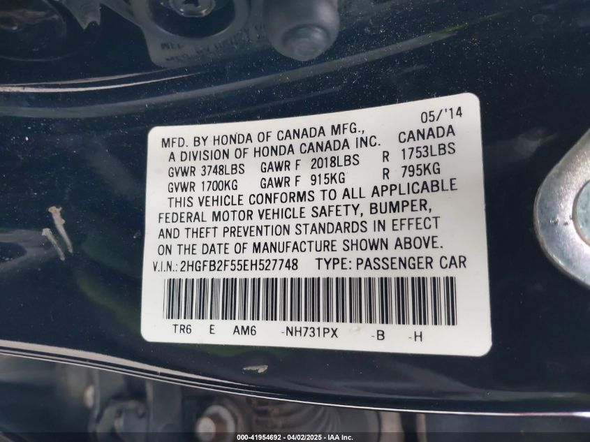 2014 Honda Civic Lx VIN: 2HGFB2F55EH27748 Lot: 41954692