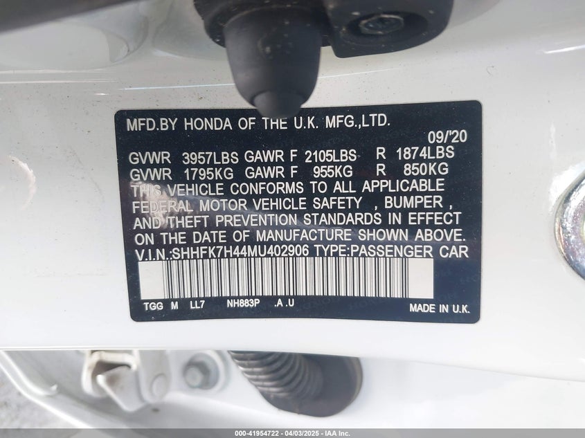 2021 HONDA CIVIC VIN: SHHFK7H44MU402906