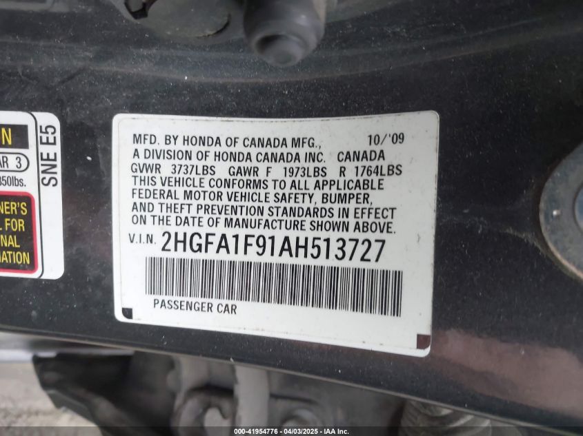 2010 Honda Civic Ex-L VIN: 2HGFA1F91AH513727 Lot: 41954776