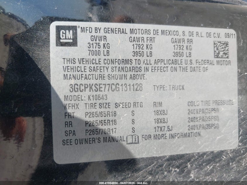 2012 CHEVROLET SILVERADO 1500 VIN: 3GCPKSE77CG131128