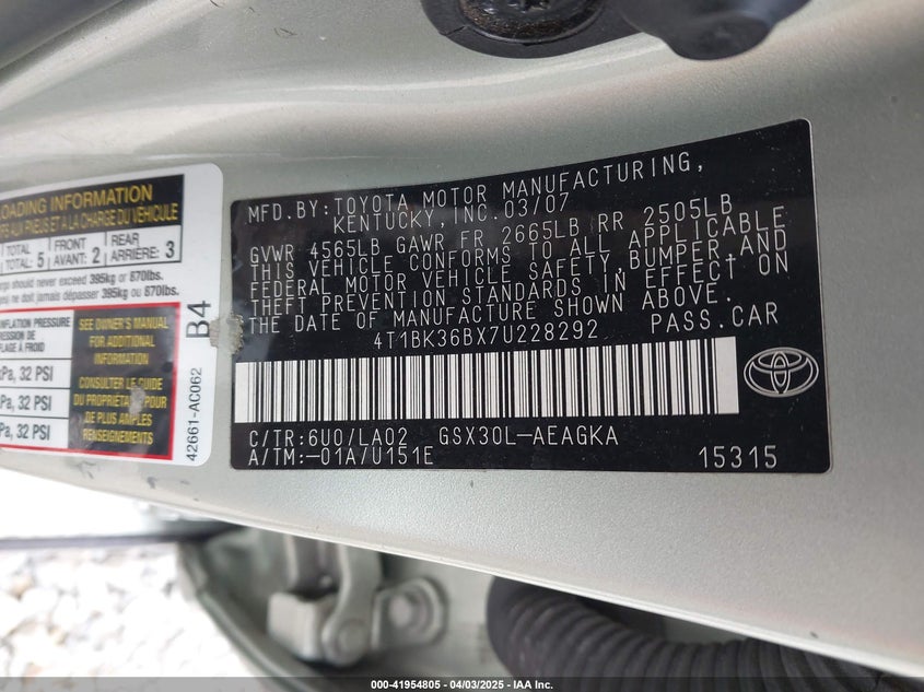 2007 TOYOTA AVALON VIN: 4T1BK36BX7U228292