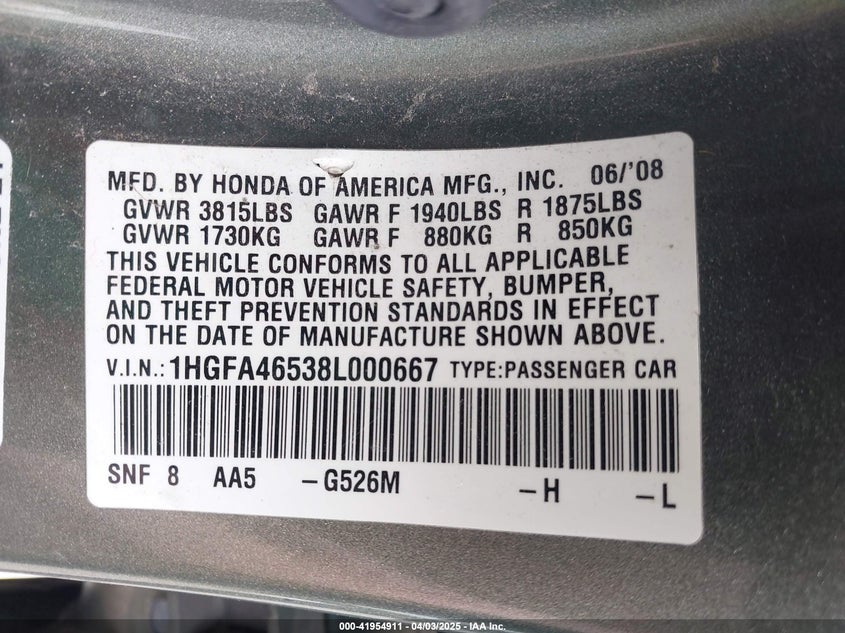 2008 HONDA CIVIC VIN: 1HGFA46538L000667