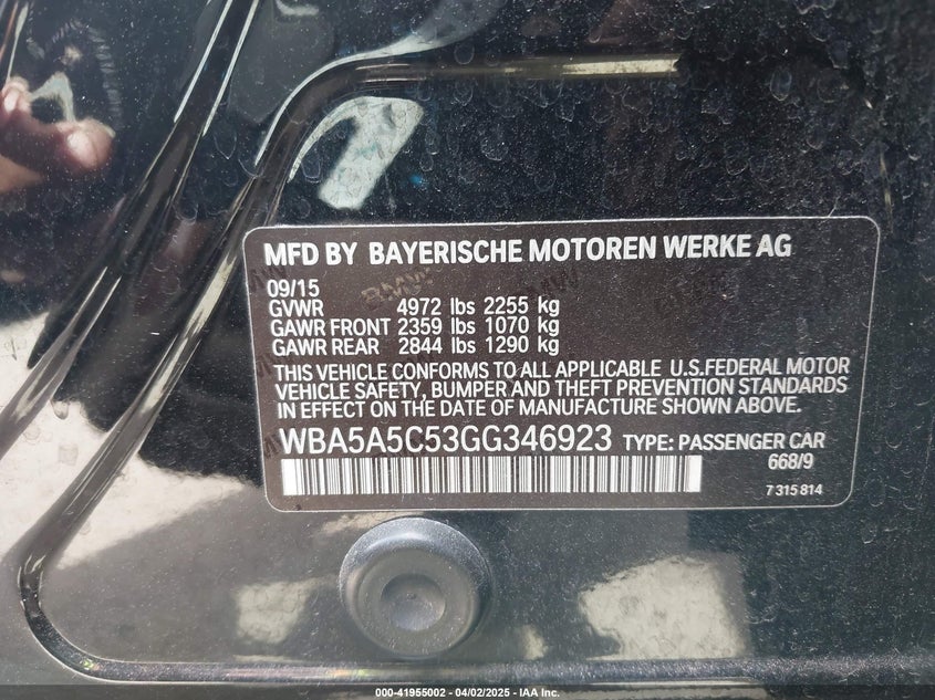 2016 BMW 528I VIN: WBA5A5C53GG346923