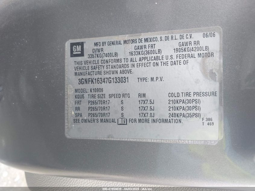 2007 Chevrolet Suburban 1500 Lt VIN: 3GNFK16347G133031 Lot: 41955039