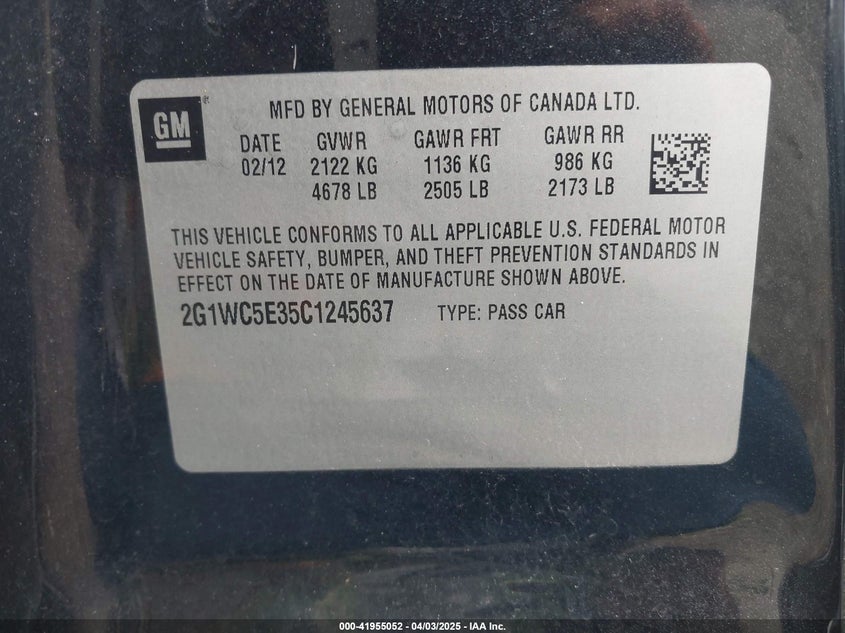 2012 CHEVROLET IMPALA VIN: 2G1WC5E35C1245637