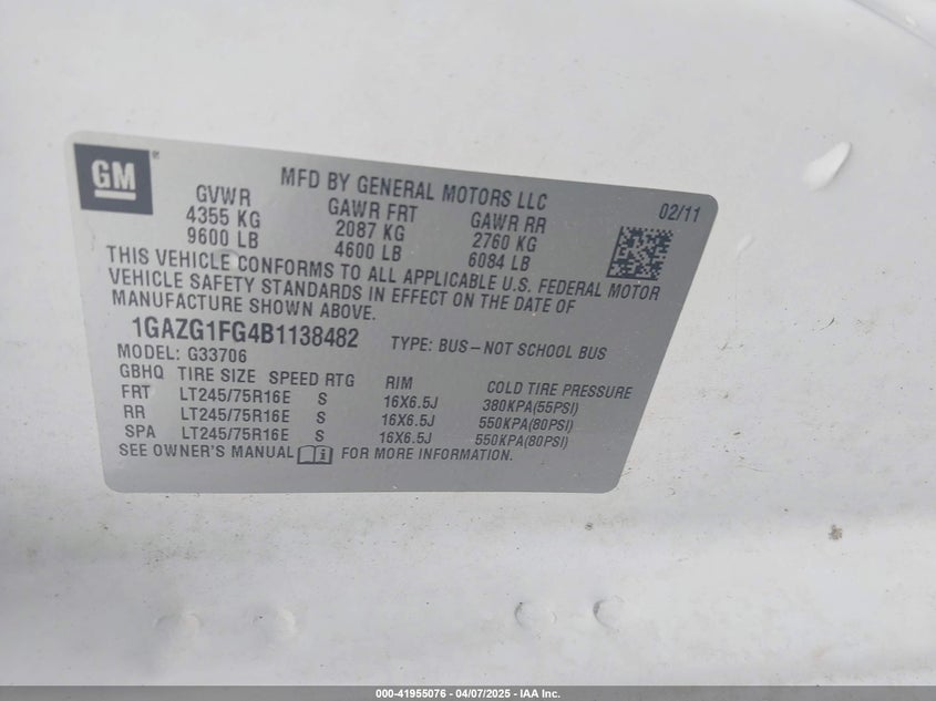 2011 CHEVROLET EXPRESS G3500 VIN: 1GAZG1FG4B1138482