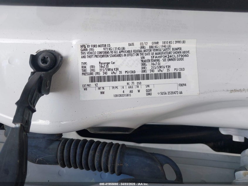 2012 FORD FOCUS VIN: 1FAHP3K24CL379060