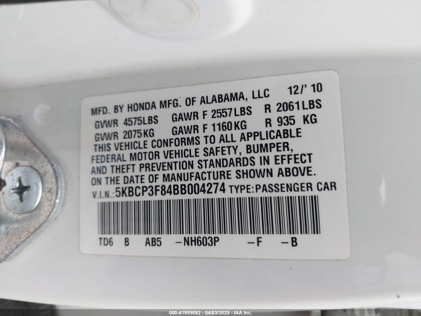 2011 HONDA ACCORD VIN: 5KBCP3F84BB004274