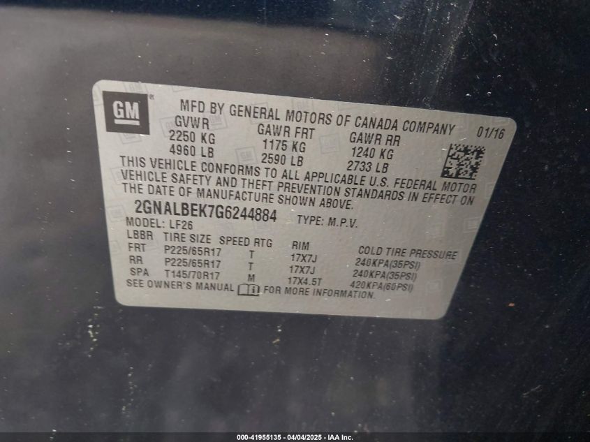 2016 Chevrolet Equinox Ls VIN: 2GNALBEK7G6244884 Lot: 41955135