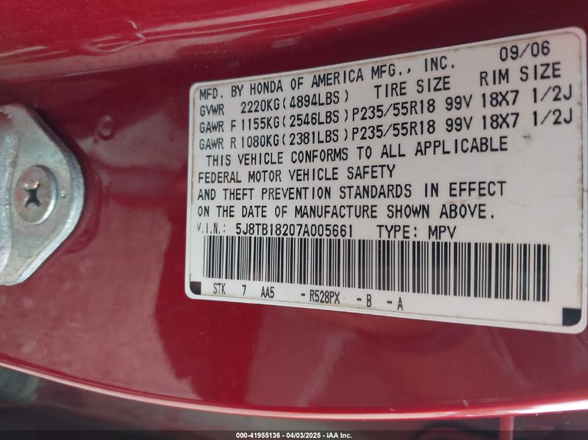2007 Acura Rdx VIN: 5J8TB18207A005661 Lot: 41955136