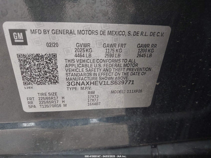 2020 CHEVROLET EQUINOX VIN: 3GNAXHEV1LS639771