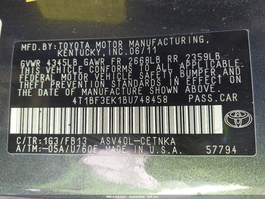 2011 TOYOTA CAMRY VIN: 4T1BF3EK1BU748458