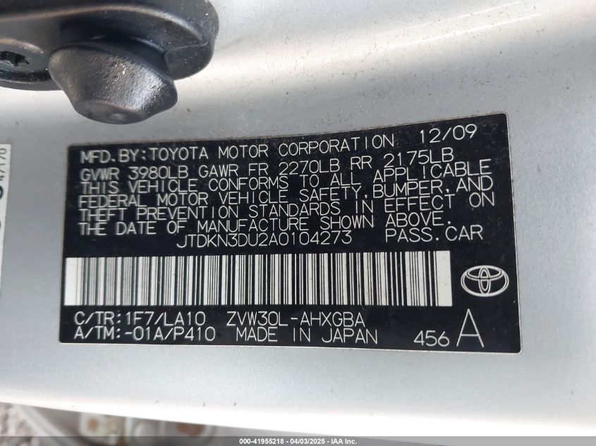 2010 Toyota Prius Iv VIN: JTDKN3DU2A0104273 Lot: 41955218