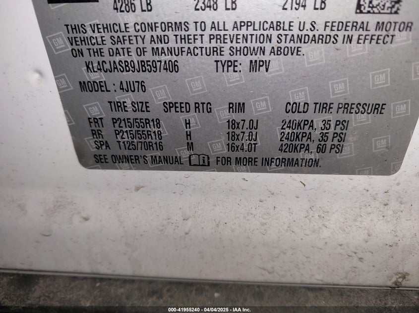 2018 BUICK ENCORE VIN: KL4CJASB9JB597406