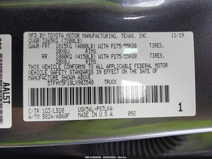 2020 TOYOTA TUNDRA LIMITED - 5TFHY5F18LX903548