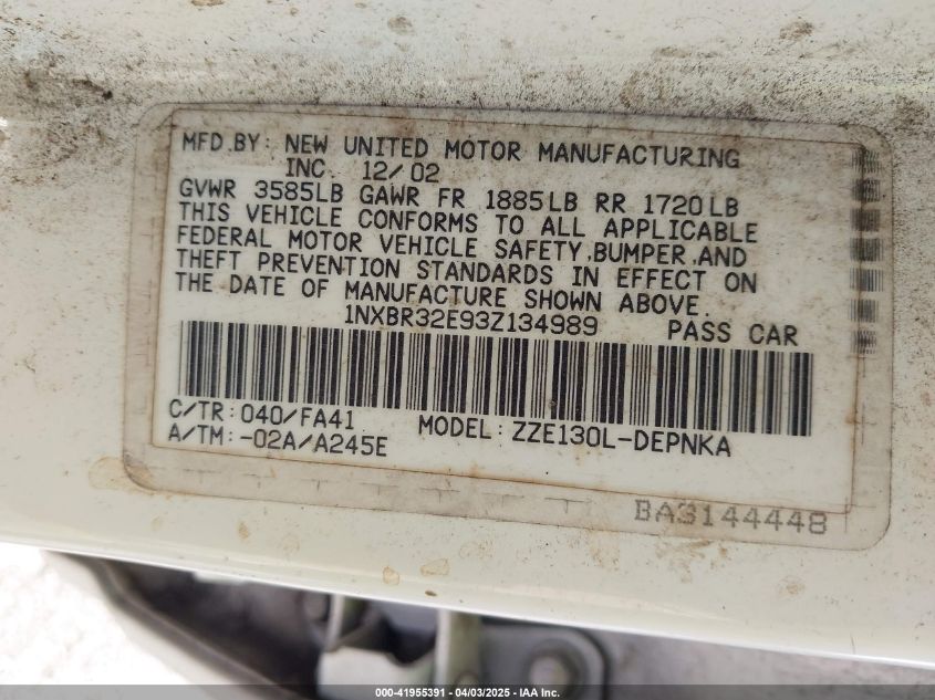 2003 Toyota Corolla Le VIN: 1NXBR32E93Z134989 Lot: 41955391