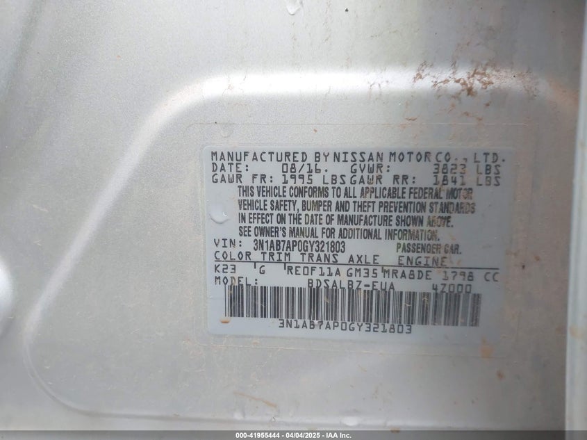 2016 NISSAN SENTRA S - 3N1AB7AP0GY321803