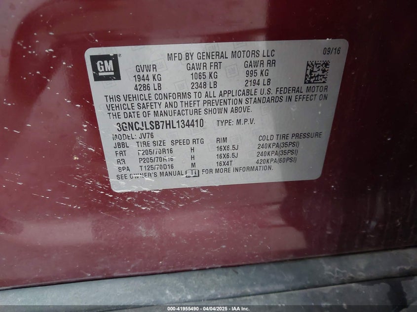 2017 CHEVROLET TRAX LT - 3GNCJLSB7HL134410