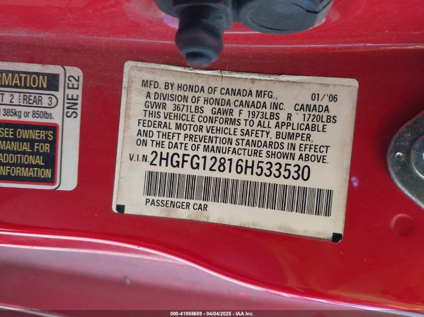2006 Honda Civic Ex VIN: 2HGFG12816H533530 Lot: 41955659