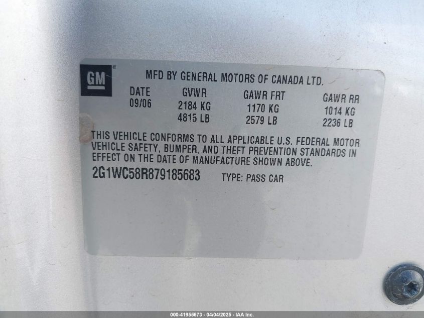 2007 Chevrolet Impala Lt VIN: 2G1WC58R879185683 Lot: 41955673