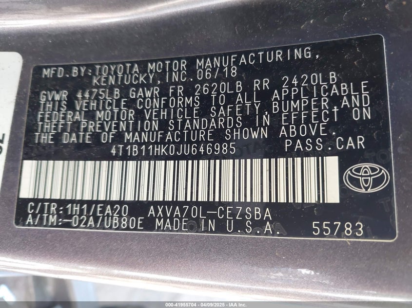 2018 TOYOTA CAMRY VIN: 4T1B11HK0JU646985