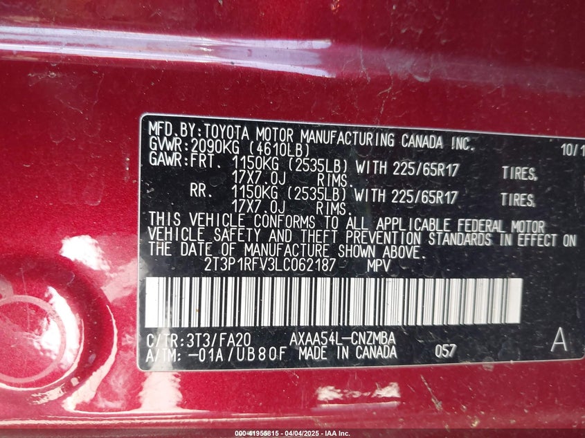 2020 TOYOTA RAV4 VIN: 2T3P1RFV3LC062187