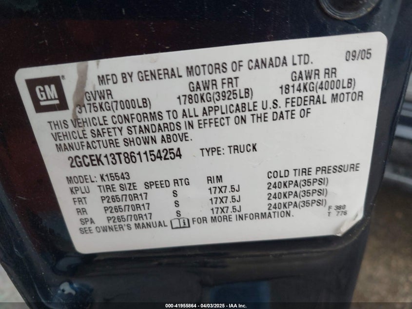 2006 CHEVROLET SILVERADO 1500 VIN: 2GCEK13T861154254
