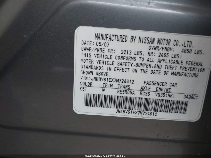 2007 Infiniti G35 Journey VIN: JNKBV61EX7M724612 Lot: 41955874