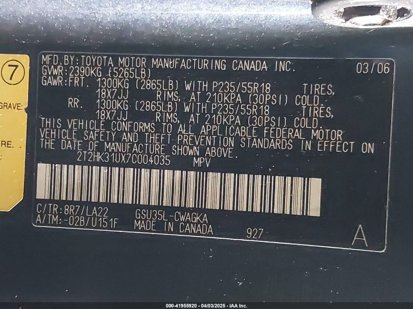 2007 Lexus Rx 350 VIN: 2T2HK31UX7C004035 Lot: 41955920