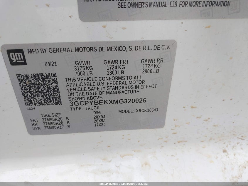 2021 CHEVROLET SILVERADO 1500 VIN: 3GCPYBEKXMG320926