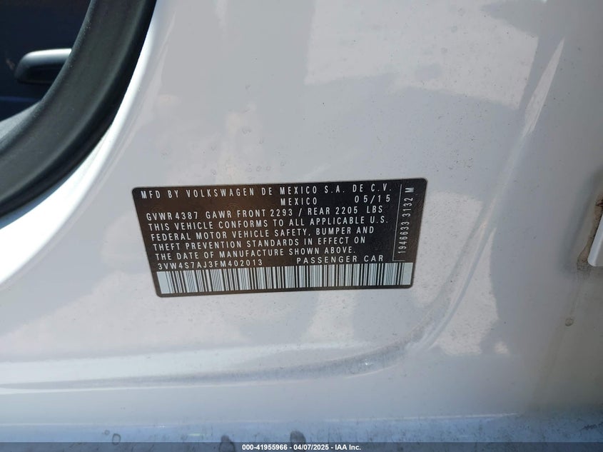 2015 VOLKSWAGEN JETTA VIN: 3VW4S7AJ3FM402013
