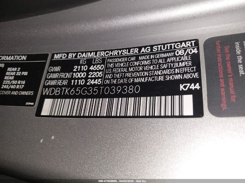 2005 Mercedes-Benz Clk 320 VIN: WDBTK65G35T039380 Lot: 41955986