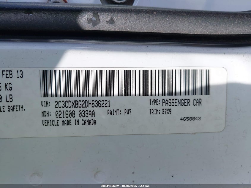 2013 Dodge Charger Se VIN: 2C3CDXBG2DH636221 Lot: 41956021
