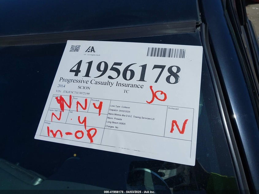 2014 SCION TC VIN: JTKJF5C71E3072199