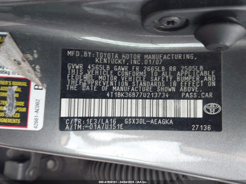 2007 TOYOTA AVALON VIN: 4T1BK36B77U213734